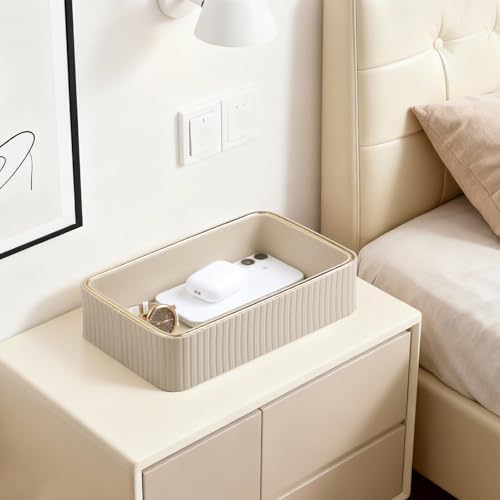 Desk Organizer Tray, PU Leather Nightstand Organizer, Beige, Small - Image 4
