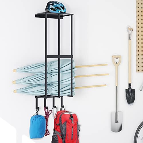 Camping Chair Wall Storage for Garage, Metal Camping Chair Storage Rack Wall Holder, Floating Shelf, 4 Hooks, Stainless Steel, Beach Chair Rack, Umbrella Holder, Garage Chair Organizer, Matte Black - Image 5