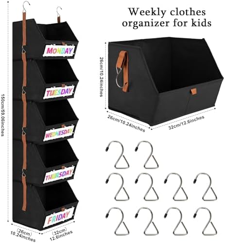 Weekly Clothes Organizer for Kids, 5-Shelf Hanging Clothes Storage with 7 Labels, Back to School Fabric Heavy Duty Closet Storage with Zipper and 10 Hooks for Morning Routine, Black - Image 3
