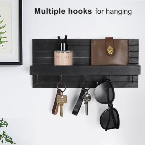 Lwenki Decorative Key Holder for Wall with Shelf, Entryway Shelf with Hooks Holds Leashes, Jackets and Glasses – Sturdy Wood Keyholder Entrance Hanger with Mounting Hardware (Black, Medium) - Image 3