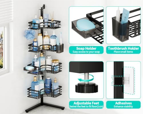 HapiRm Corner Shower Caddy Stand - 4-Tier Adjustable Shower Shelves, Black - Image 3