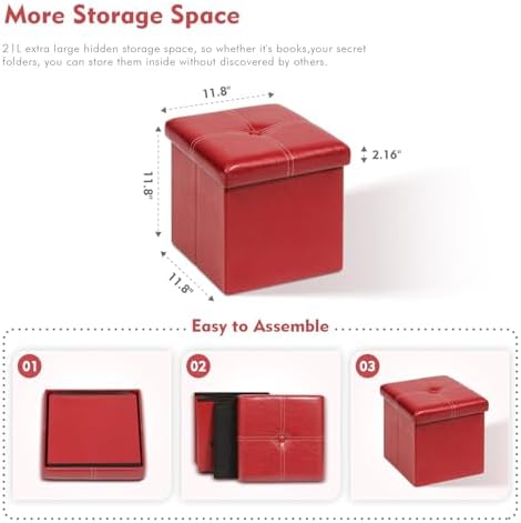B FSOBEIIALEO Storage Ottoman Cube, 11.8" Faux Leather Footrest Chest, Red - Image 3