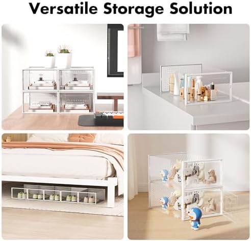 Foluck Shoe Storage Box, 15 Pack Clear Plastic Stackable Organizer for Closet, Interlocking Design Shoes Container Bins for Sneakers, Foldable Shoe Rack with Lids, White - Image 6