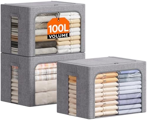 Lifewit 3 Pack Clothes Storage Bins with Metal Frame, Stackable Storage Box by Lifewit