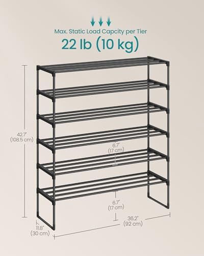 SONGMICS Shoe Rack, 6-Tier Shoe Organizer, Metal Storage Shelf | for Entryway, Upright or Upside Down, for 24-30 Pairs, Stackable, 11.8 x 36.2 x 42.7 Inches, Black ULSA306BH01 - Image 3