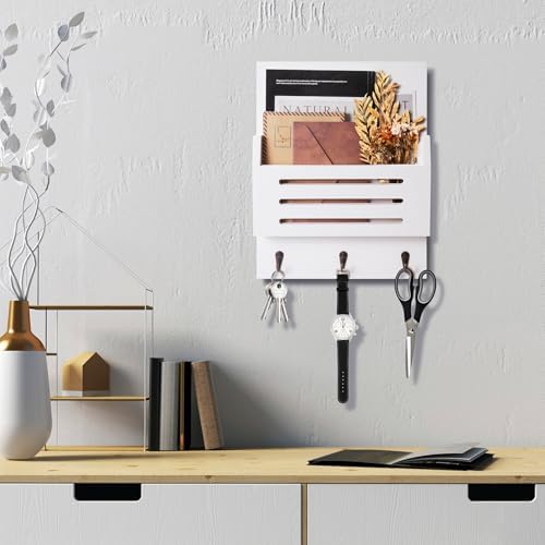 Wall Mounted Key and Mail Holder, 2-Slot Wooden Mail Sorter Organizer - Image 2