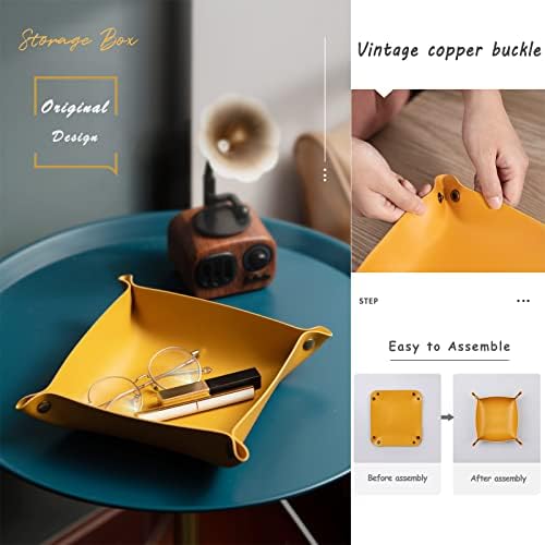 Valet Tray, Leather Tray, Small Catchall Tray, Foldable Jewelry Travel Organizer, Suitable for Travel, Storage, Nightstand, Home or Office (Yellow-S) - Image 4