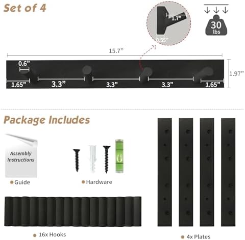 Forbena Black Coat Rack Wall Mount 4-Pack, Rustic Farmhouse Coat Hooks for Wall, Vertical Hanging Hat Rack for Office, Bedroom, Closet, Small Spaces, Kids Room Clothes, Entryway Shoes - 16 Pegs - Image 7