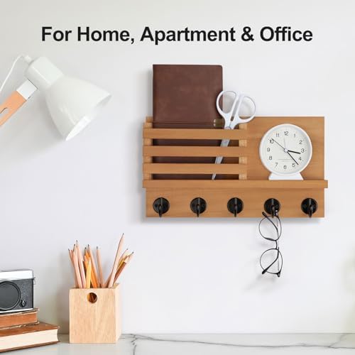 Lwenki Key Holder for Wall – Decorative Wooden Mail Holder and Key Shelf with Mounting Hardware, Installation Guide – Paulownia Wood with Metal Key Hooks (Light Brown, Large - 11.8inch) - Image 5
