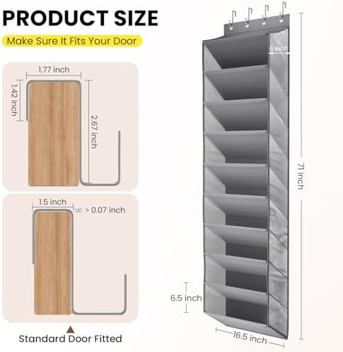 Mefirt 20-25 Pairs Over the Door Shoe Organizer, Clear Pockets Shoe Rack for Closet Door, 10-Tier Hanging Shoe Rack for Boots, Behind the Door Shoe Holder Fit All the Family's Sneakers, Heels, Grey - Image 5