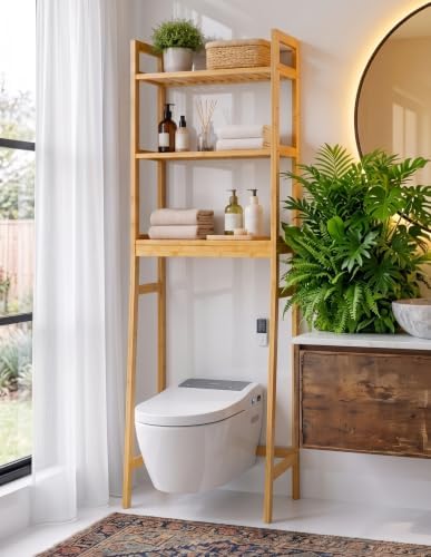 BAMBANG Over-the-Toilet Storage Shelf, 3-Tier Freestanding Bathroom Shelves with Adjustable Shelf Height and 3 Hooks, Space-Saving Organizer Rack Above Toilet, Bamboo Natural by BAMBANG