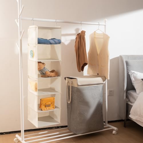 BrilliantJo 6 Shelves Hanging Closet Organizer, 2 Pack Hanging Storage with 4 Side Pockets for Clothes Shoes, 43.5"x12"x12"(Beige) - Image 2