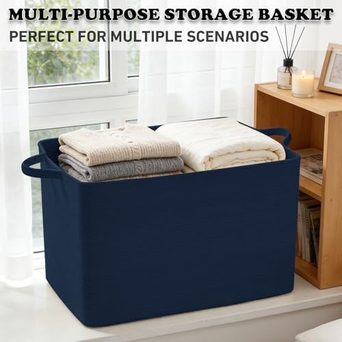 96L Woven Laundry Basket with Handles, Extra Blanket Basket,Navy - Image 6
