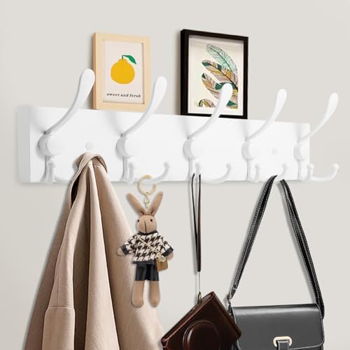 Kuhome Coat Rack Wall Mount Coat Hooks Wooden Hat Rack for Wall Hooks Pine Real Wood Plank 16.9" White Coat Hanger with 5 White Triple Hooks for Hanging Coat Hat Jacket - Image 3