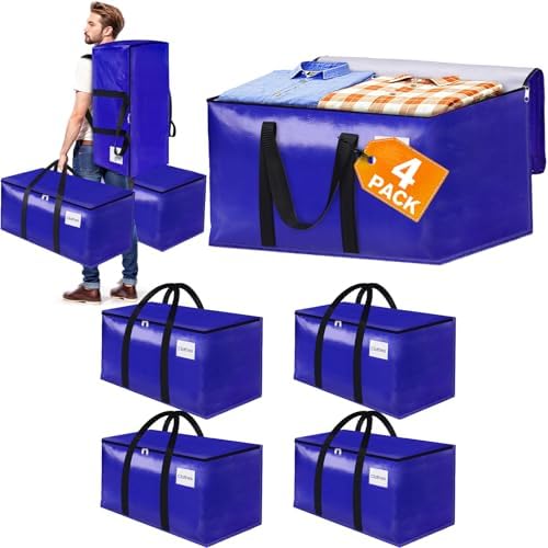FabSpace 4-Pack Moving Bags with Backpack Straps & Carry Handles, 30 Gallons-125 L Heavy Duty Storage Totes for Space Saving, Foldable Storage Bags for College Dorm, Travel, Camping (Blue) by Fabspace