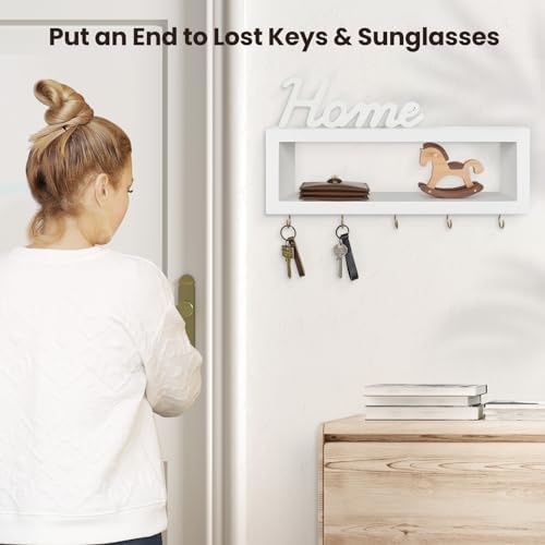 Lwenki Wall Shelf with Hooks - Decorative Key and Wallet Holder for Wall Holds Sunglasses, Leashes, Scarves and Lanyards - 15.7" x 5.1" x 2.9" Entryway Organizer Made of Paulownia Wood (White) - Image 7