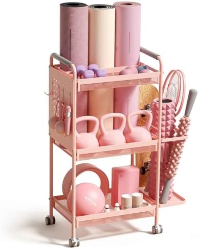 YOTTOY 3-Tier Gym Storage Rack for Home Gym–Multi-Functional Weight Rack, Dumbbell Rack, Yoga Mat Holder with Side Basket & 6 Hooks, Gym Equipment Organizer by YOTTOY