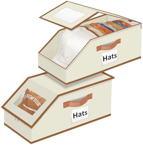 Hat Organizer for Baseball Caps - 2PCS Stackable Storage with Clear Window Lid, Flip-Top Access, Space-Saving Hat Box for Closet, Breathable Fabric (beige with brown) by Aokeyee
