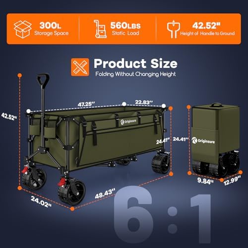 Originsure 300L Collapsible Beach Wagon Cart with Big Wheels, 560lbs, Green - Image 2