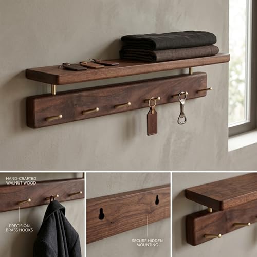 Walnut Wood Coat Rack with Shelf, Wall Mounted Entryway Organizer - Image 4
