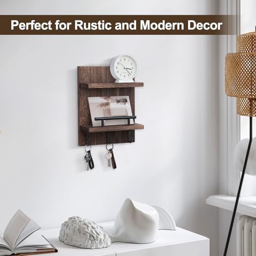 Key Holder Wall Mount, Mail Shelf Decor with 3 Key Hooks, Versatile Wood Wall Organizer for Entryway Hallway (8.2” x 10.6”x 3.6”) (Brown) - Image 6