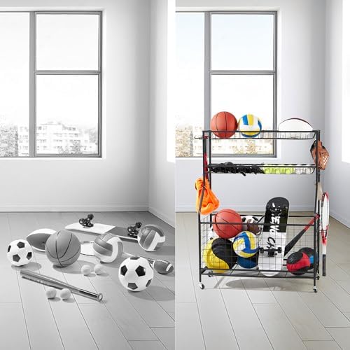 LUGO Heavy-Duty Rolling Sports Equipment Organizer – Ball Storage Rack with Lockable Wheels, Shelves, Baskets & Hooks – Garage, Home & Outdoor Sports Gear Holder for Basketballs, Toys, Helmets & More - Image 5