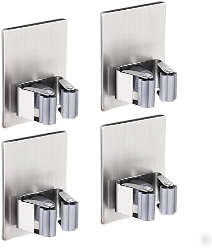 HANZE 4 Pack Stainless Steel Mop Broom Holder Organizer, Self Adhesive Wall Mounted Mop Organizer Storage Rack Clip for Kitchen Bathroom and Garage (Rectangle, Large) by HANZE