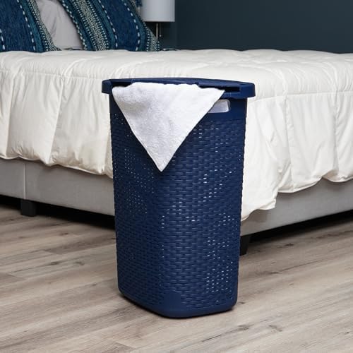 Mind Reader Slim Laundry Hamper with Lid, 60L Tall Clothes Basket, Narrow Tapered Design for Bathrooms, Closets and Laundry Rooms, Plastic, Navy - Image 2