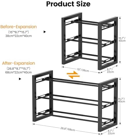 Homeiju Expandable Shoe Rack, 3 Tier Metal Shoe Shelf, Adjustable Shoe Stand for Sneakers, Boots, Heels, Heavy-Duty Steel Standing Shoe Organizer for Entryway, Closet, Bedroom, Black - Image 2