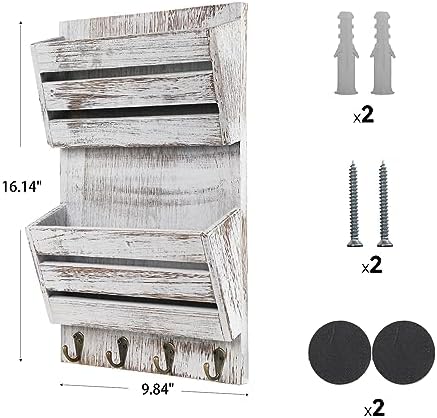 Mail Organizer Wall Mount with 4 Key Hooks, Rustic Wooden Hanging Mail Sorter Farmhouse Key Holder for Wall Decoration, 2-Slot Wall File and Magazines Bill Letter Holder - Image 5