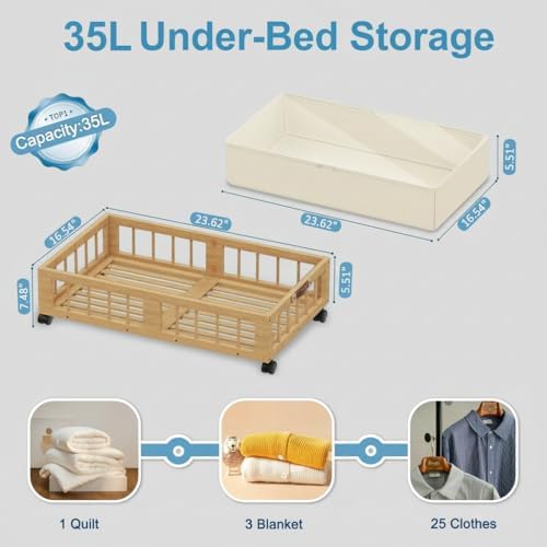 efluky 2-Pack Bamboo Under Bed Storage Containers with Wheels, Under Bed Clothes Storage Basket with Large Dust Bag, Rolling UnderBed Storage for Bedroom, Dorm and Basement, Nature - Image 2