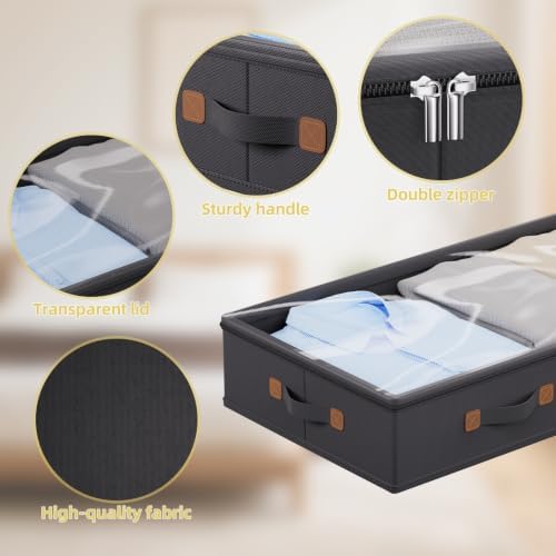 FHSQX Under Bed Storage Container 2Pack 4.5 Inches Low Profile Under-bed Organizer Bins Slim Under Couch Storage Box Ideal For Seasonal Clothes Blankets Towel Fabric (2, Black, 31.5 * 17 * 4.5in) - Image 5