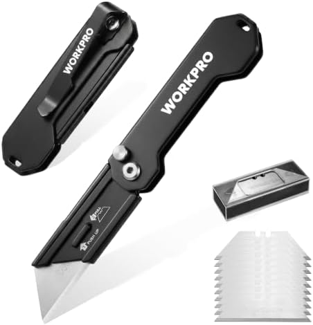 WORKPRO 2PCS EDC Folding Utility Knife, Mini Box Cutter with Quick Open Axis Lock, Quick Change Blade Razor Knife, Foldable Small Pocket Knife with Belt Clip, 2 Packs with 10 Extra Blades by WORKPRO