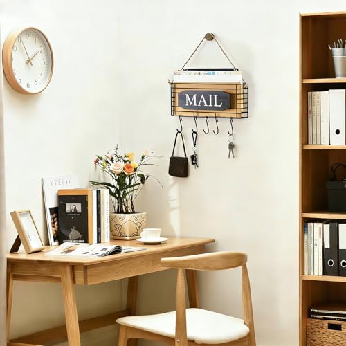 SRIWATANA Rustic Mail Organizer Wall Mount, 5 Key Hooks, Small Size, Black - Image 3