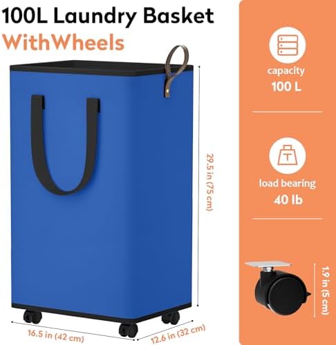 SpaceTrove Rolling Laundry Basket with Wheels, Laundry Hamper, 100L, Blue - Image 2