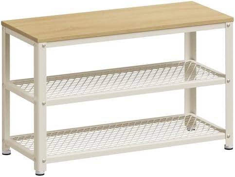 VASAGLE 3-Tier Shoe Rack, Storage Bench with Metal Mesh Shelves and Seat by Unknown