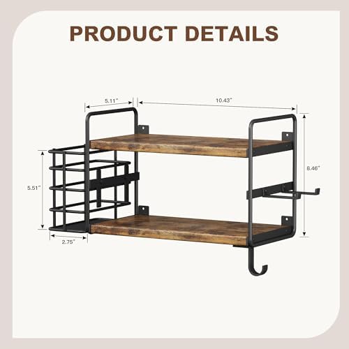3-in-1 Wall Mounted Hair Dryer Holder with 2 Tier Shelves & Detachable Basket, Space Saving Organizer for Bathroom, Kitchen, Bedroom, Rust-Resistant, Easy Install (Rustic Brown) - Image 4