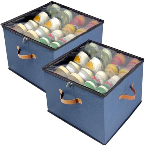 Shoe Organizer for Closet, 2 Pack Shoe Storage Bins with Clear Cover, Adjustable Dividers Fits 16-32 Pairs ShoeBoxes, Organizador de Zapatos, Navy Blue by Vexalora