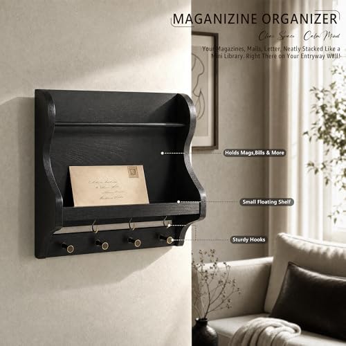Pine Wood Mail Organizer Wall Mount with 7 Key Hooks for Home Decor, Black - Image 5