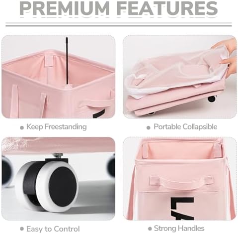CHICVITA 75L Laundry Hamper with Wheels 2-Pack, Wash Bags, Pink - Image 2
