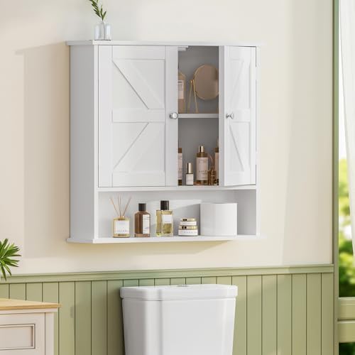 TEENFON Bathroom Wall Cabinet, Bathroom Cabinet with Barn Doors & Adjustable Shelf, Over The Toilet Storage Cabinet, Medicine Cabinet, White UNGGX001WV1 - Image 2