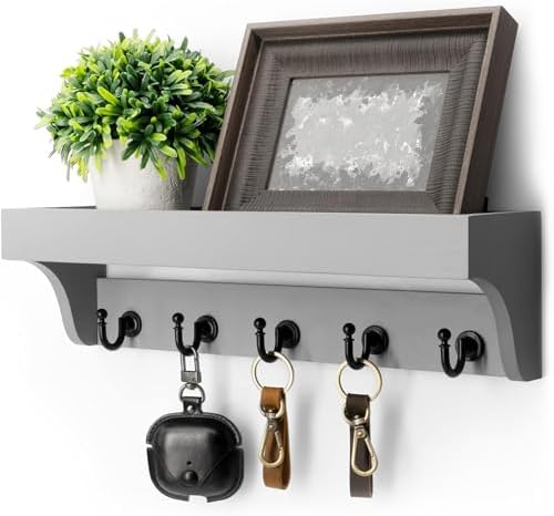 Rebee Vision Key Holder Wall Mount with 5 Hooks & Shelf for Entryway, Gray by REBEEVISION