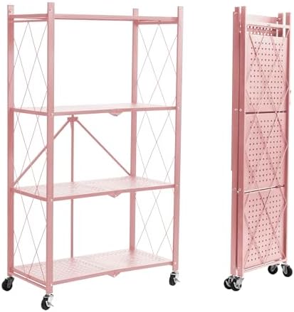 BRIAN & DANY 4-Tier Foldable Storage Shelves with Wheels, Folding Metal Rack Shelving Unit, Heavy Duty No Assembly Organizer Shelf for Garage, Kitchen, Basement, Pantry, Pink by BRIANDANY