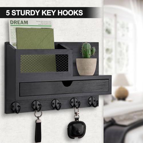 Key Holder for Wall with 5 Key Hooks and Storage Drawer - Image 7