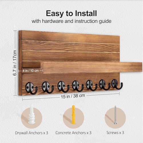 Lwenki Key Holder Wall Mount, Entryway Key and Mail Holder with 7 Sturdy Hooks for Sunglasses, Dog Leash, Decorative Wall Shelf with Mounting Hardware, 15”W x 6.7”H x 4.2”D - Image 6