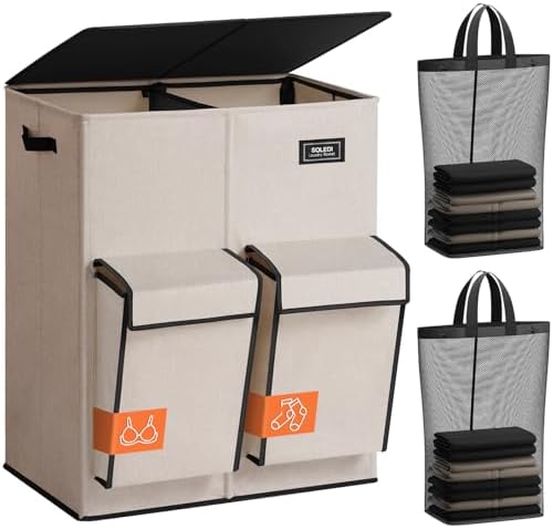 SOLEDI 180L Double Laundry Hamper with Lid and 2 Side Pockets, Dual Hamper by SOLEDI