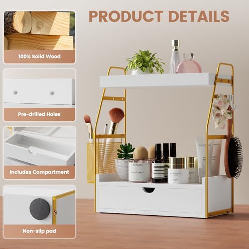 2 Tier Bathroom Counter Organizer with Drawer & Basket, Wooden Vanity Tray Countertop Shelf Accessories for Makeup Storage, Coffee Bar Station, Perfume Skincare, Kitchen, Bedroom (White) - Image 3