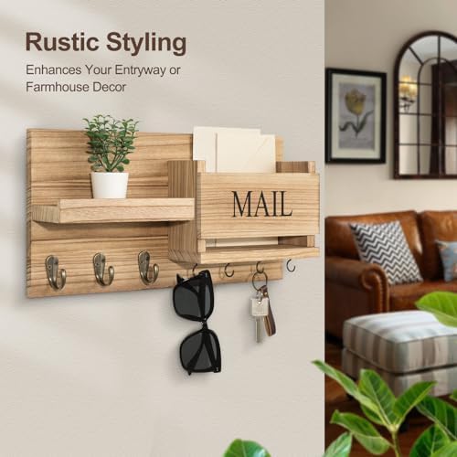 Lwenki Mail Organizer for Wall Mount – Key Holder with Shelf Includes Letter Holder and Hooks for Hallway Farmhouse Decor – Rustic Wood with Flush Mounting Hardware (16.5” x 9.1” x 3.4”) (Wood) - Image 4