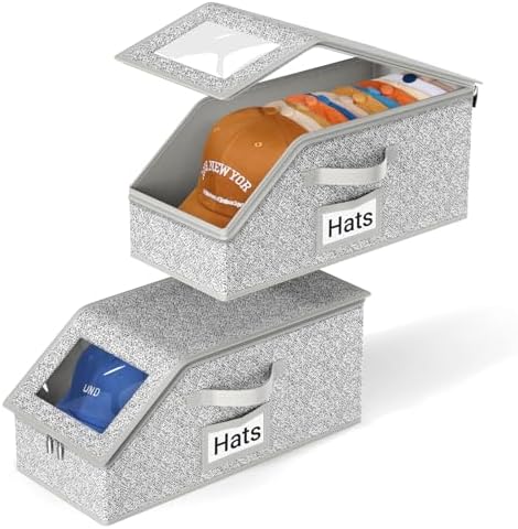 AOODA 2 PCS Stackable Hat Storage for Baseball Caps, Holds up to 24 Caps Hat Organizer for Closet, Sturdy Snapback Boxes for Men with Cardboard, Grey by AOODA