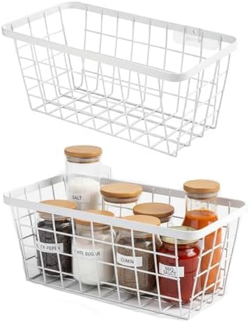 2 Set LeleCAT Hanging Wall Basket Organizer, Over the Cabinet Door Adhesive Wire Baskets for Organizing Kitchen Food Pantry Bathroom Shelf Storage No Drilling Wall Mounted,White by HomeSpaceStorageBasket